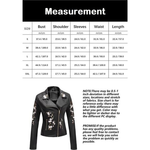 Black Floral Embroidered Faux Leather Jacket Motorcycle Biker Bomber Coat Jacket - Picture 6 of 6